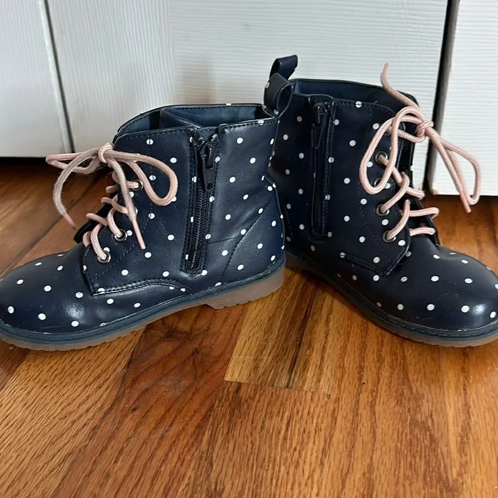 Old Navy Navy Blue Polka Dot Lace Up Utility Boots Girls size Toddler 10